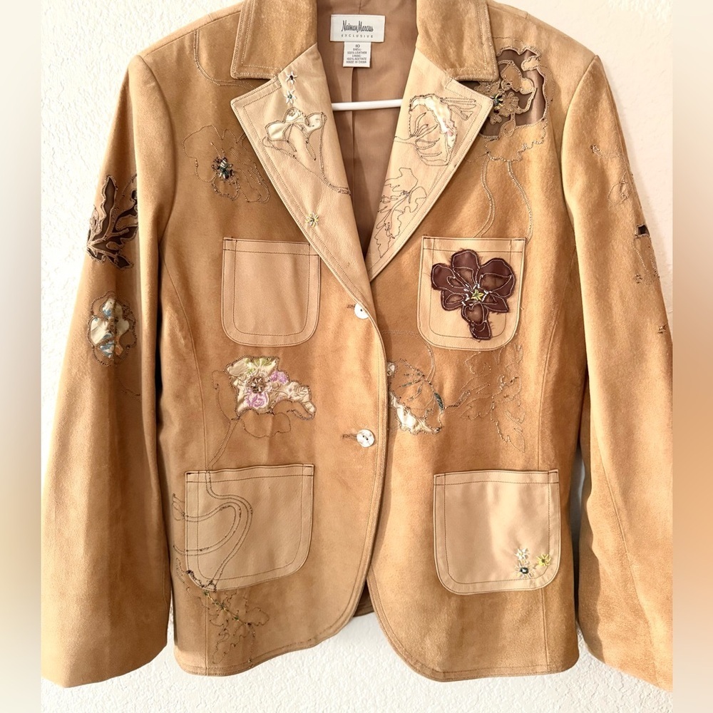 Neiman Marcus Exclusive Suede Leather Floral Embroidered Beaded Jacket Size 10